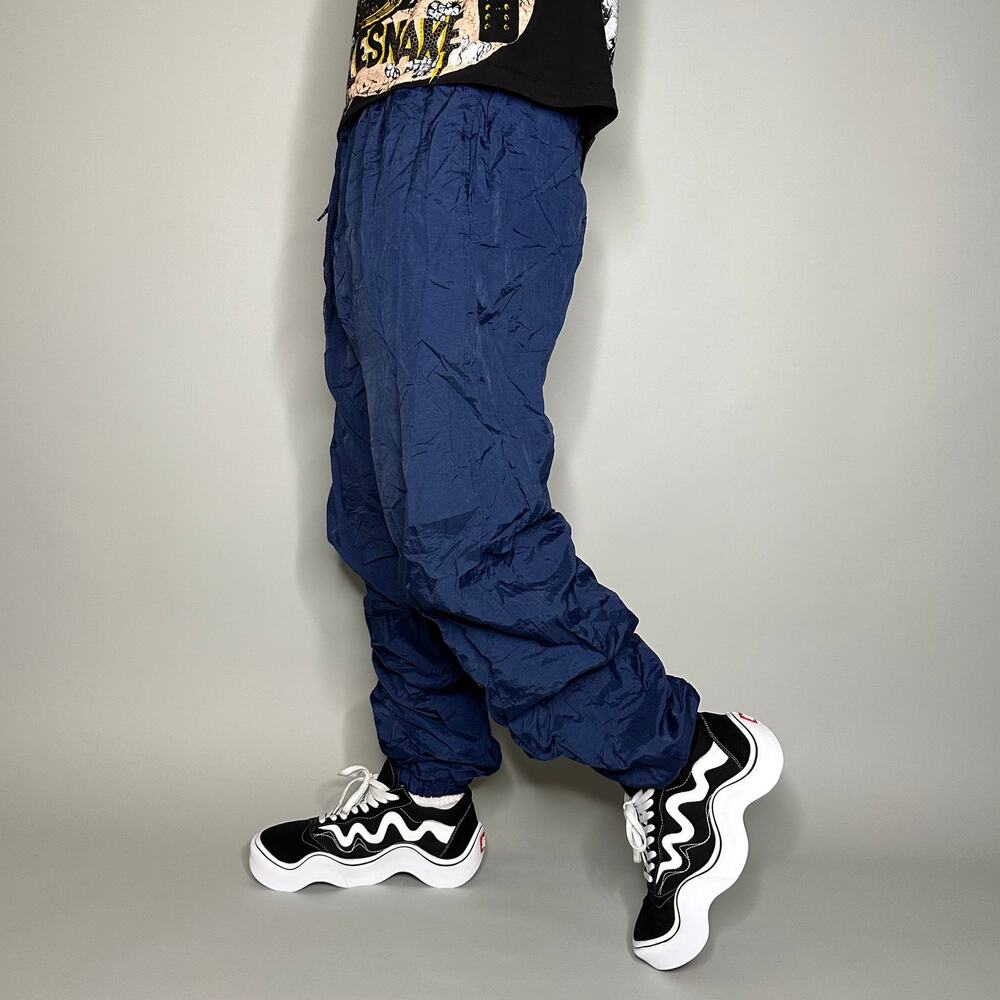 Vintage 90s Track Pants Mens L Baggy Fit Navy Blue Nylon Joggers Ankle Zippers